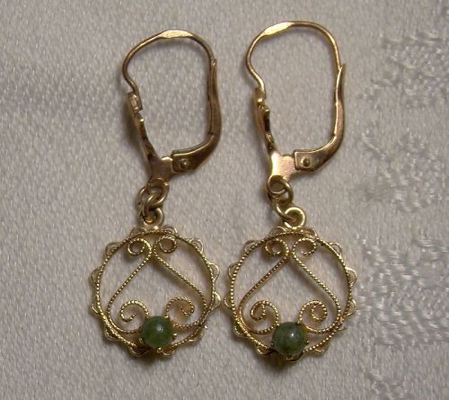 10K Rose Gold Jade Dangle Wirework Lever Back Earrings 1950s