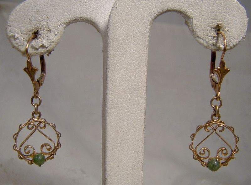 10K Rose Gold Jade Dangle Wirework Lever Back Earrings 1950s