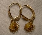 14K Yellow Gold Tiger Eye Cabochon Dangle Earrings 1950s