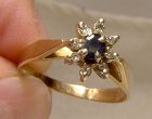 10K Yellow Gold Blue Topaz and Diamonds Cluster Ring 1960s -Size 6-3/4