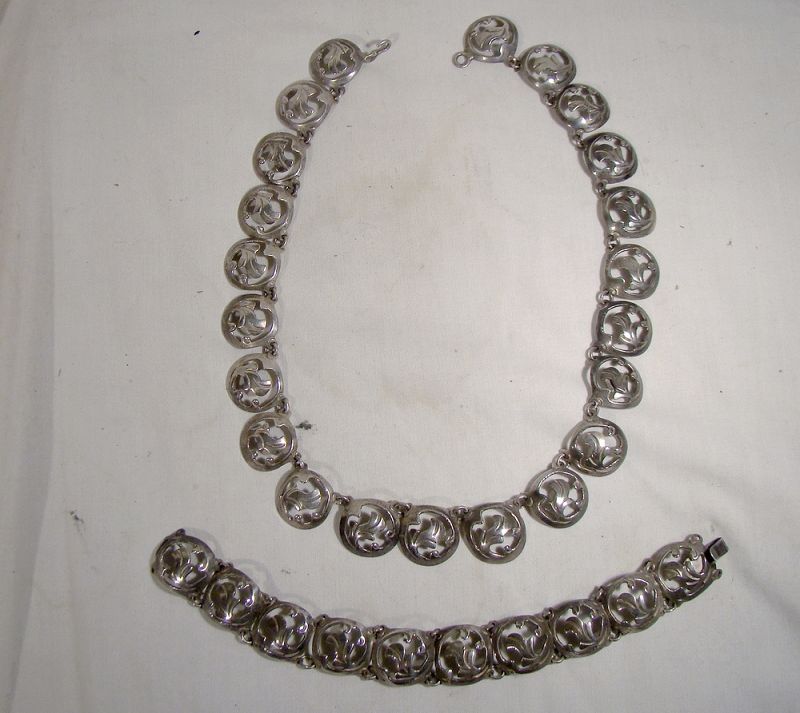 Mexican Sterling Silver Necklace Bracelet Set by Artemio Navarrette