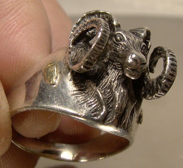 Custom Bighorn Sheep Sterling Silver and Gold Nuggets Ring 1970s