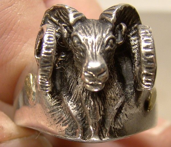Custom Bighorn Sheep Sterling Silver and Gold Nuggets Ring 1970s