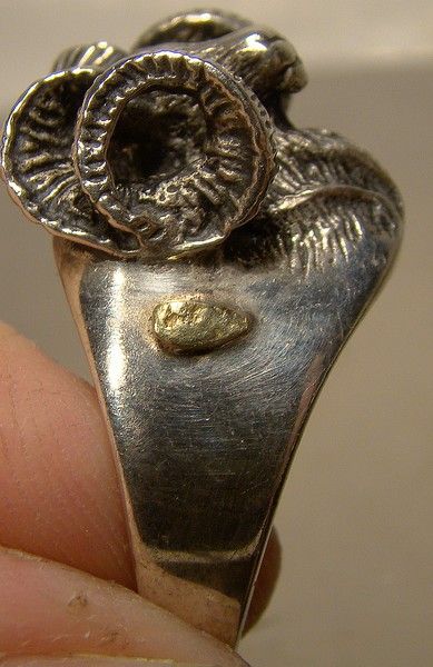 Custom Bighorn Sheep Sterling Silver and Gold Nuggets Ring 1970s