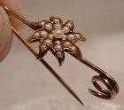 Victorian 14K Rose Gold Seed Pearls Flower or Starburst Bar Brooch Pin