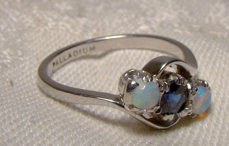 Palladium Blue Sapphire and Two Opals Ring 1910-20 - Size 7-1/4