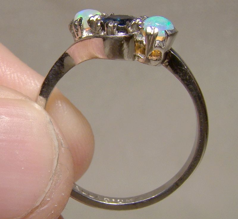 Palladium Blue Sapphire and Two Opals Ring 1910-20 - Size 7-1/4