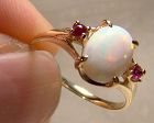 14K Yellow Gold Opal and Red Spinels Ring 1960s - Size 6-1/2