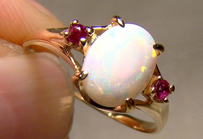 14K Yellow Gold Opal and Red Spinels Ring 1960s - Size 6-1/2