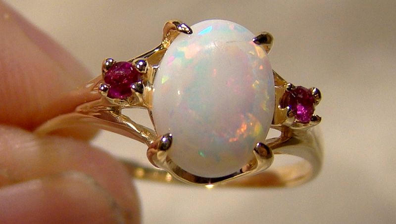 14K Yellow Gold Opal and Red Spinels Ring 1960s - Size 6-1/2