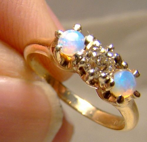 14K Diamond and Two Opals Row Ring 1890 1900 Yellow Gold Size 3-3/4