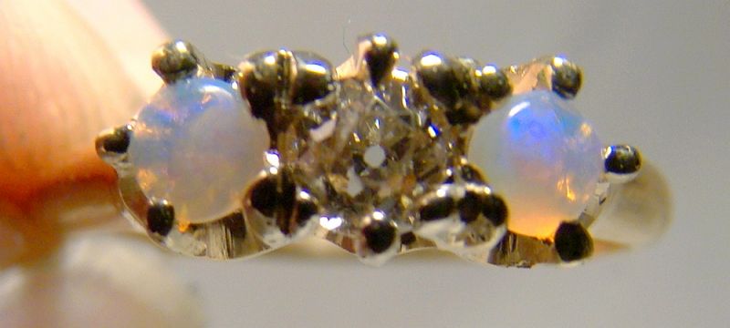 14K Diamond and Two Opals Row Ring 1890 1900 Yellow Gold Size 3-3/4