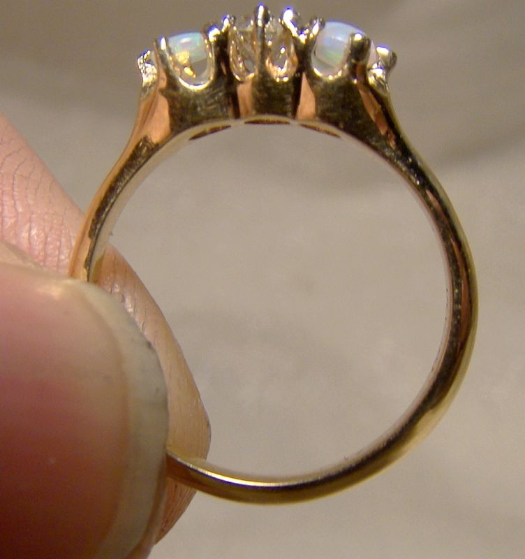 14K Diamond and Two Opals Row Ring 1890 1900 Yellow Gold Size 3-3/4