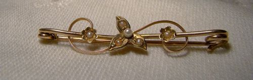Victorian 10K Rose Gold Seed Pearls Bar Pin Brooch 1890-1900