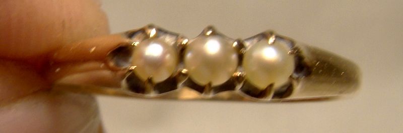 Edwardian 10K Three Pearls Row Ring 1900-1910 - Size 6-1/2