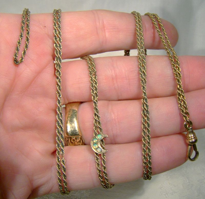 Victorian Gold Filled Rope Twist Watch Chain with 10K Opals Slide 1890