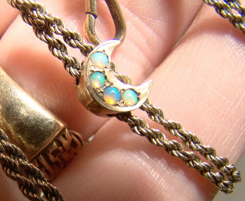 Victorian Gold Filled Rope Twist Watch Chain with 10K Opals Slide 1890