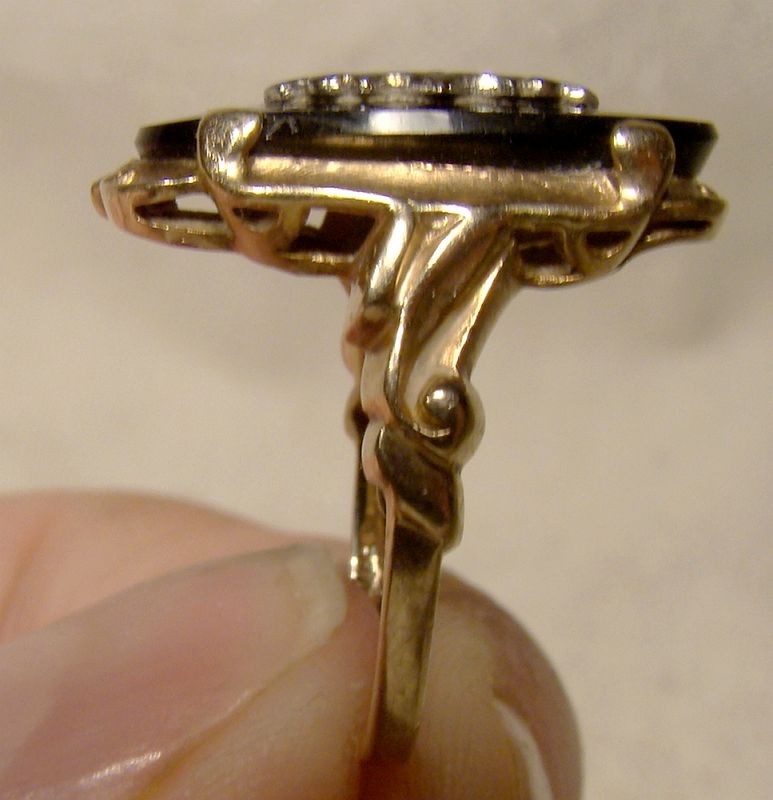 10k Yellow Gold Black Onyx and Diamond Signet Style Ring 1920s-1930s