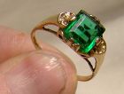 10K Yellow Gold Green Emerald Glass Ring 1930s - Size 7