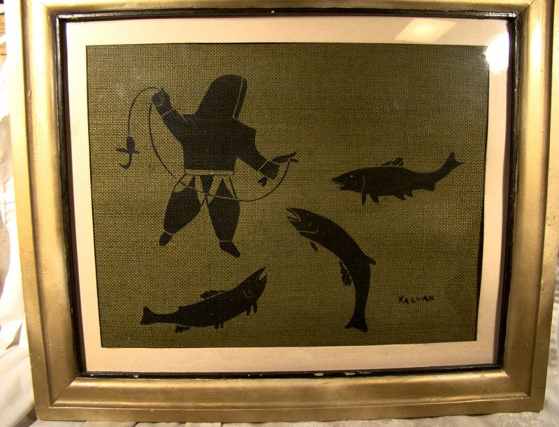 Pair Helen Kalvak Inuit Screened Burlap Hunting Scene Pictures