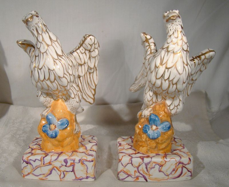 Pair Early Staffordshire Figurines Eagles Marble Painted Bases 1820-50