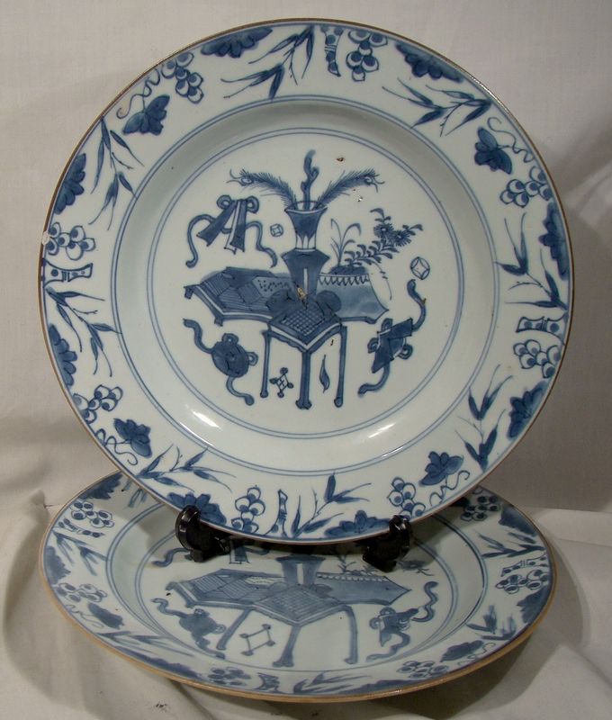 Pair Qing Dynasty Chinese Blue and White Deep Plates 1730-1795