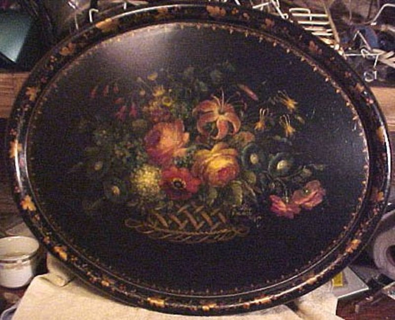 19th c. HAND PAINTED TOLEWARE LARGE TRAY