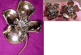 GILT STERLING RS FLOWER COAT PIN & EARRINGS c1930s