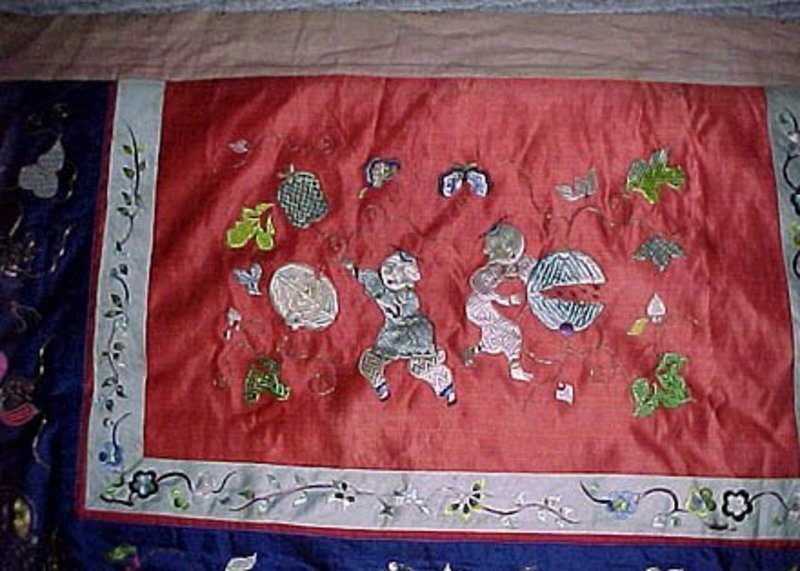 Antique CHINESE EMBROIDERED SILK BED VALANCE Xuantong