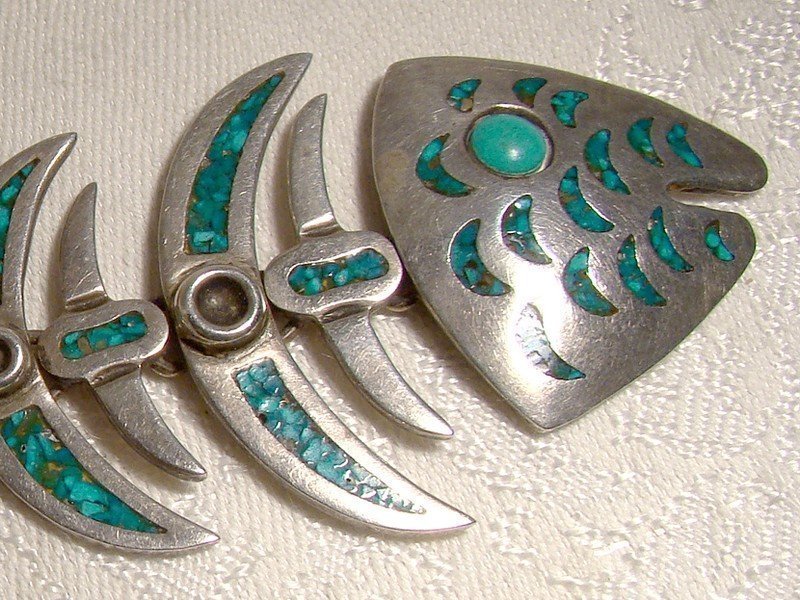 MEXICAN STERLING SILVER TURQUOISE ARTICULATED FISH PENDANT 1950s