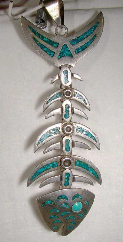 MEXICAN STERLING SILVER TURQUOISE ARTICULATED FISH PENDANT 1950s