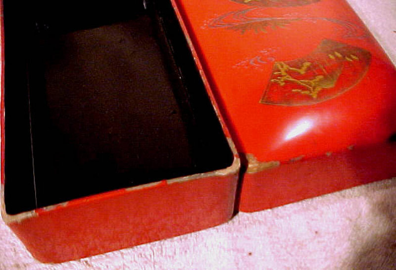 Attractive 19thC JAPANESE ORANGE LACQUER BOX w/ GOLD