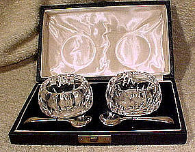 BOXED CUT CRYSTAL MASTER SALTS & SP SPOONS 1920s-30s