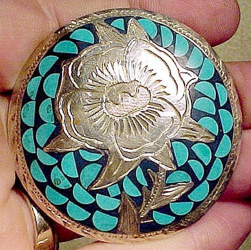 ENGRAVED MEXICAN STERLING PIN with INLAID TURQUOISE 1960s