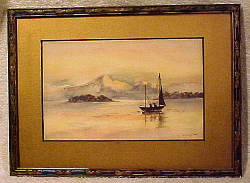 SAILBOAT & MOUNTAINS WATERCOLOUR L Livingston c1920s