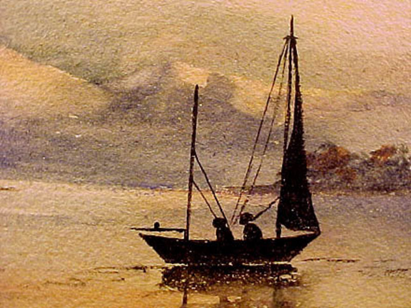 SAILBOAT &amp; MOUNTAINS WATERCOLOUR L Livingston c1920s