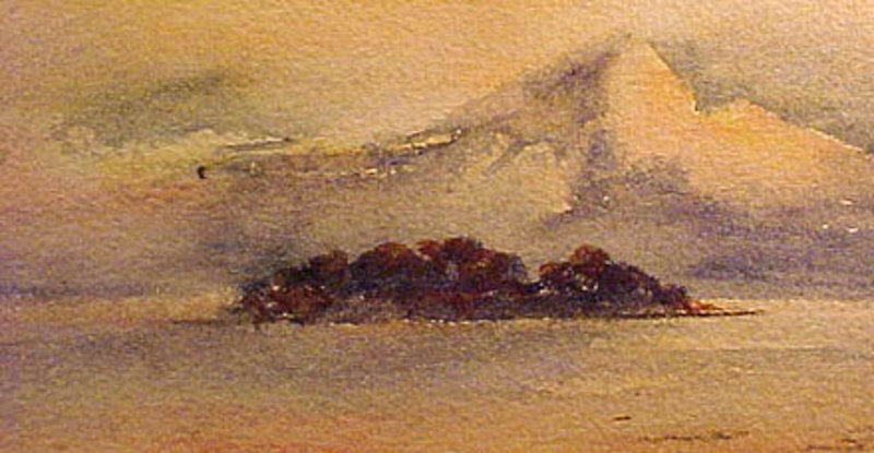 SAILBOAT &amp; MOUNTAINS WATERCOLOUR L Livingston c1920s