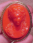 Large Red-Orange CORAL CELLULOID GILT BRASS CAMEO PIN 1930