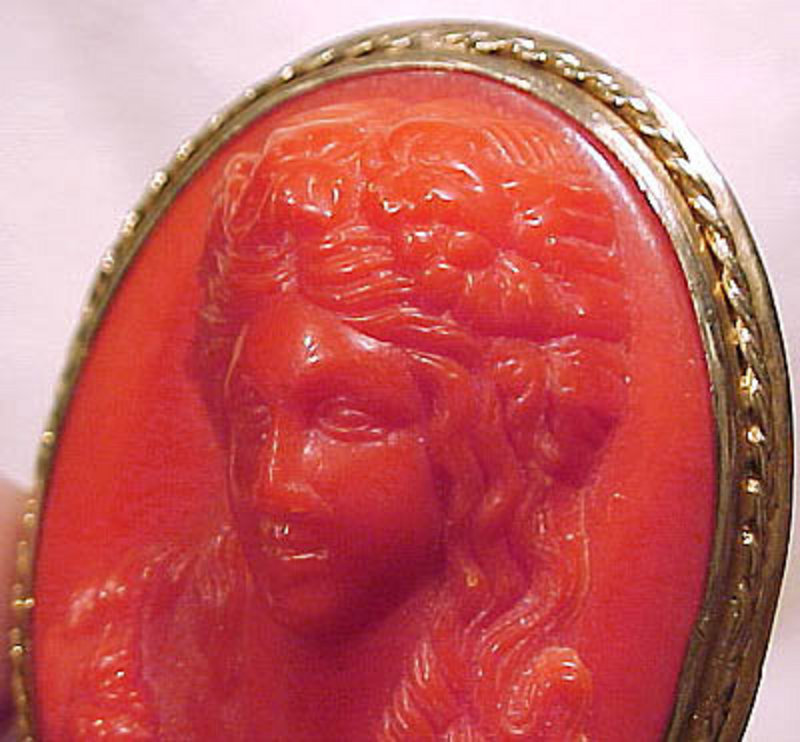 Large Red-Orange CORAL CELLULOID GILT BRASS CAMEO PIN 1930