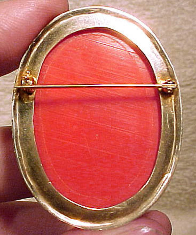 Large Red-Orange CORAL CELLULOID GILT BRASS CAMEO PIN 1930