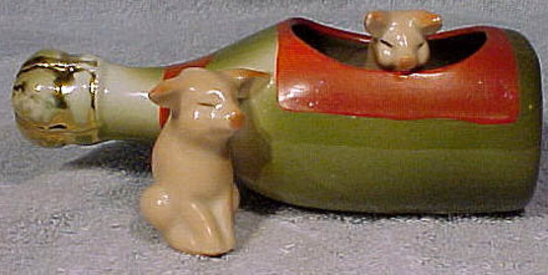 GERMAN PINK CHINA PIGS in CHAMPAGNE BOTTLE WHIMSY 1890s