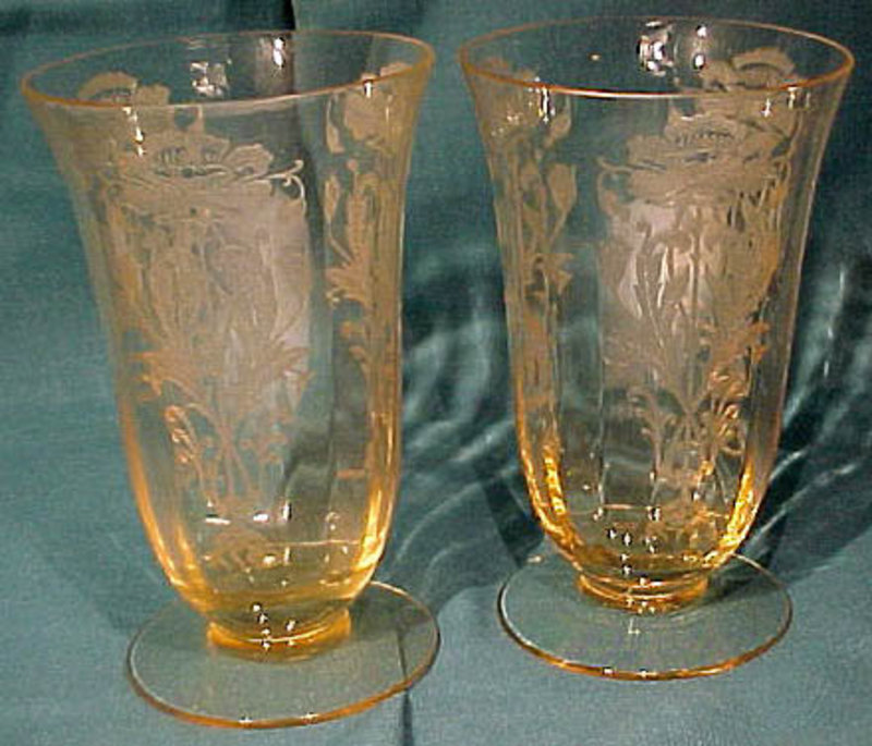 Tiffin YELLOW FLANDERS ELEGANT ETCHED GLASSES 2 Sizes