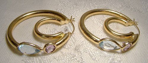 14K Blue Topaz Amethyst Hoop Earrings 1970s Yellow Large Double Hoop