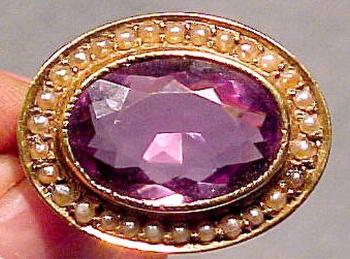 Victorian 14K AMETHYST SEED PEARLS BROOCH c1890