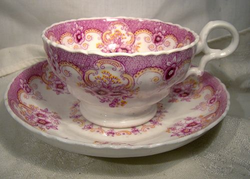 Early MAGENTA TRANSFER CUP & SAUCER 1830s-1850s
