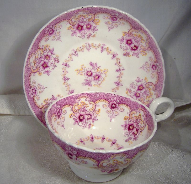 Early MAGENTA TRANSFER CUP & SAUCER 1830s-1850s