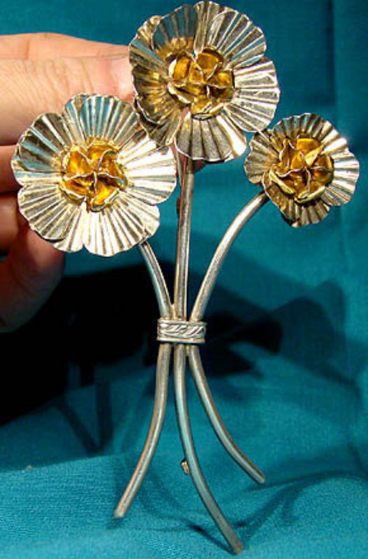 Huge STERLING FLOWERS COAT PIN with GILDING c1930s