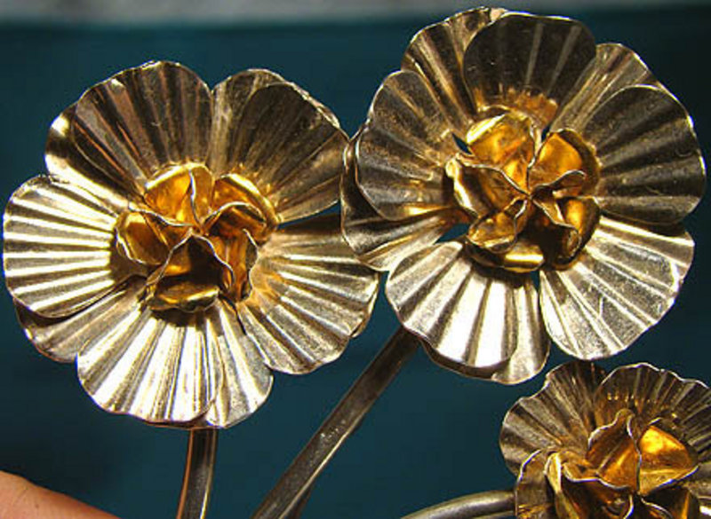 Huge STERLING FLOWERS COAT PIN with GILDING c1930s