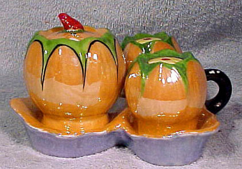 JAPAN PEACH LUSTRE CONDIMENT CRUET SET &amp; STAND c1920s