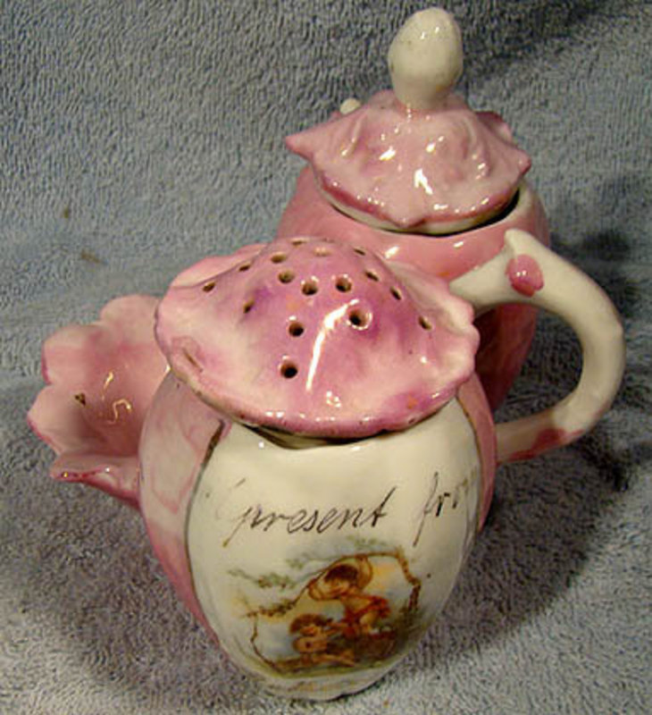 19thC IRISH PINK LUSTRE CHINA CONDIMENT or CRUET SET